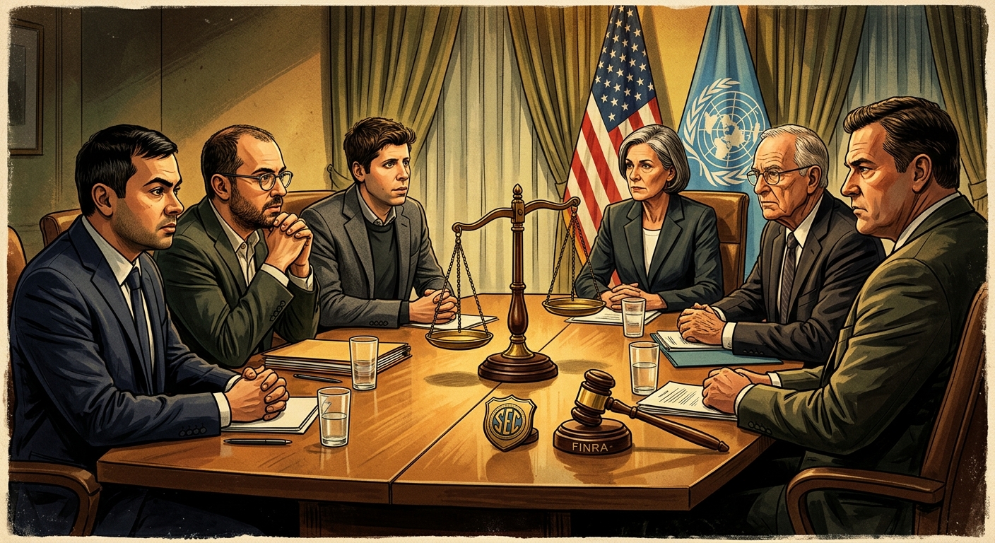 Editorial illustration: AI lab executives and government officials negotiating over AI governance standards.