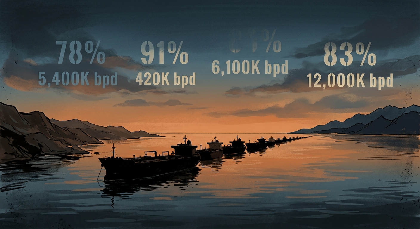 Editorial illustration: Silhouettes of oil tankers waiting in a queue near the Strait of Hormuz at dusk, with the Iranian and Omani coastlines visible in the distance. Overlay of subtle production quota numbers in the sky. Muted orange and steel-blue palette, cinematic composition.