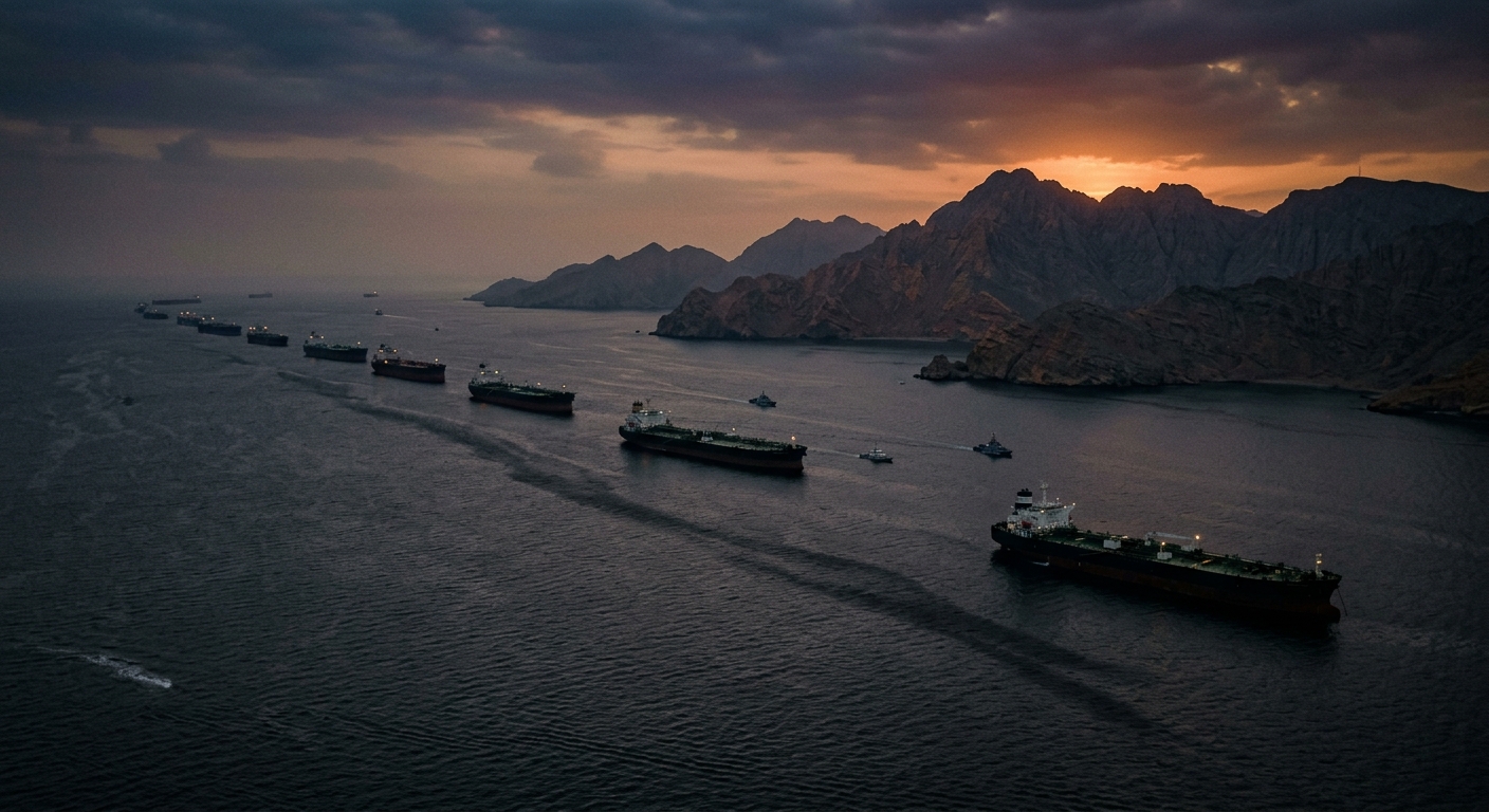 Oil tankers waiting in the Strait of Hormuz at dusk