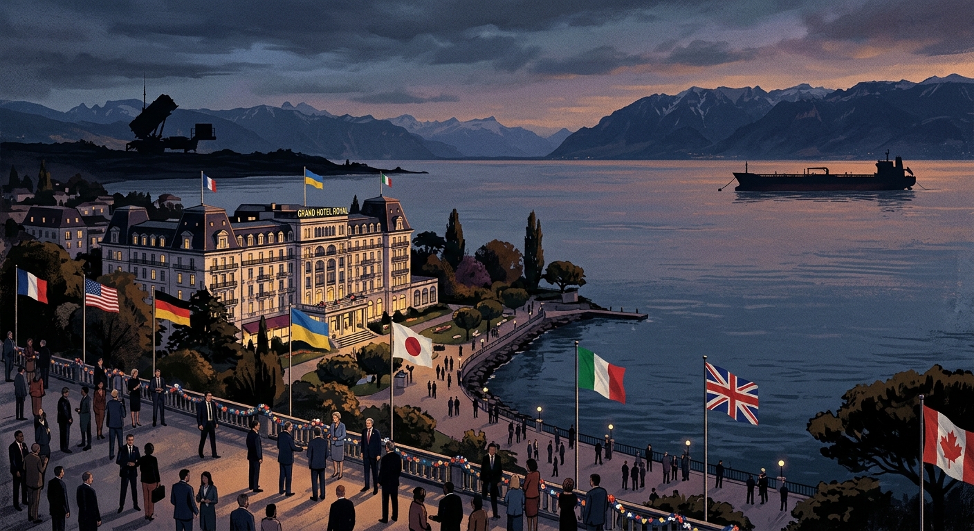 Editorial illustration of the G7 leaders' summit at Évian-les-Bains on Lake Geneva, France, June 2026, with flags, a Patriot battery and an oil tanker on the horizon.