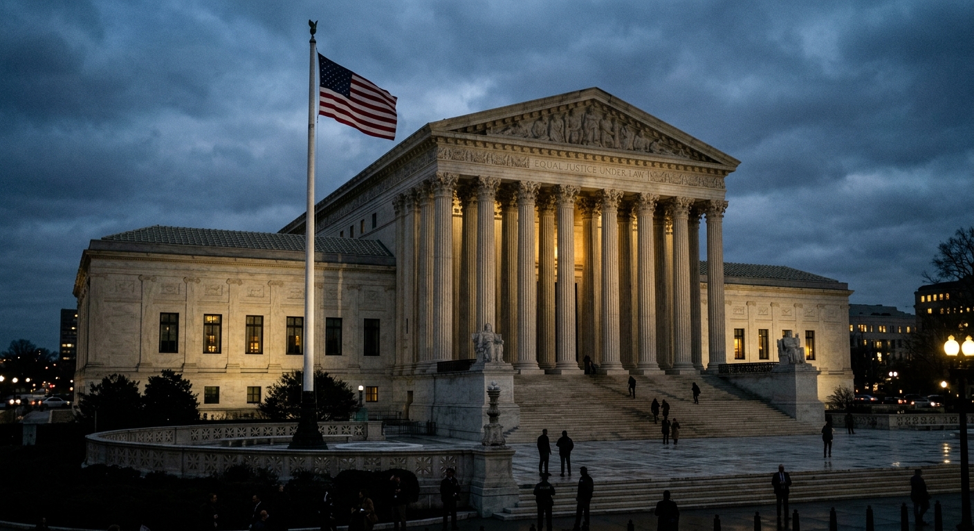 The U.S. Supreme Court building at dusk with long shadows falling across its marble columns