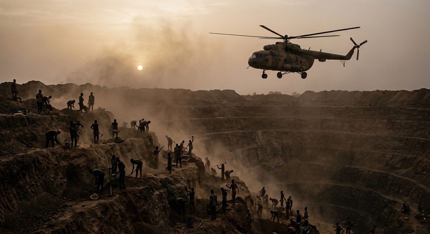 Artisanal gold miners in a Sahel open pit at dusk, silhouetted against dust, a Russian-style transport helicopter overhead