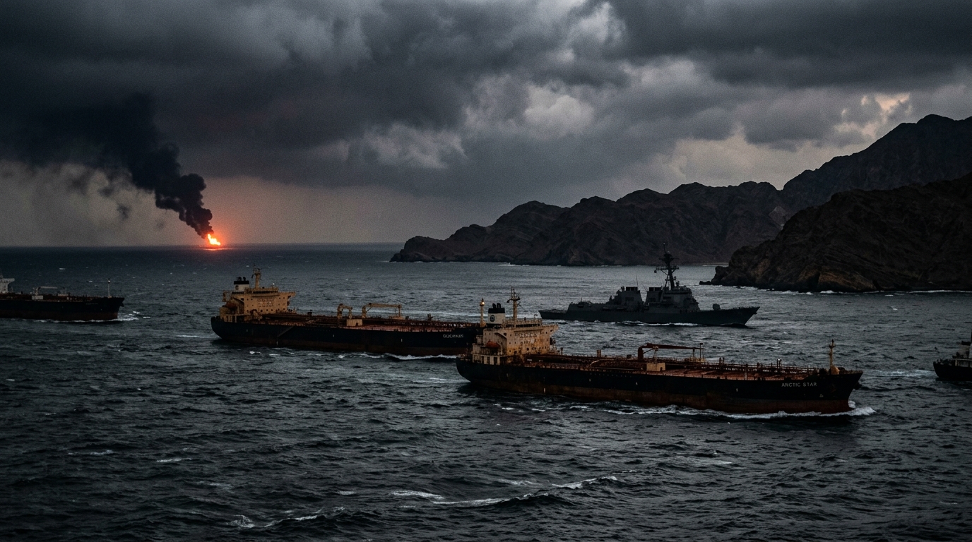 Editorial illustration of tankers in the Strait of Hormuz with a US Navy destroyer silhouette and distant fire on the horizon
