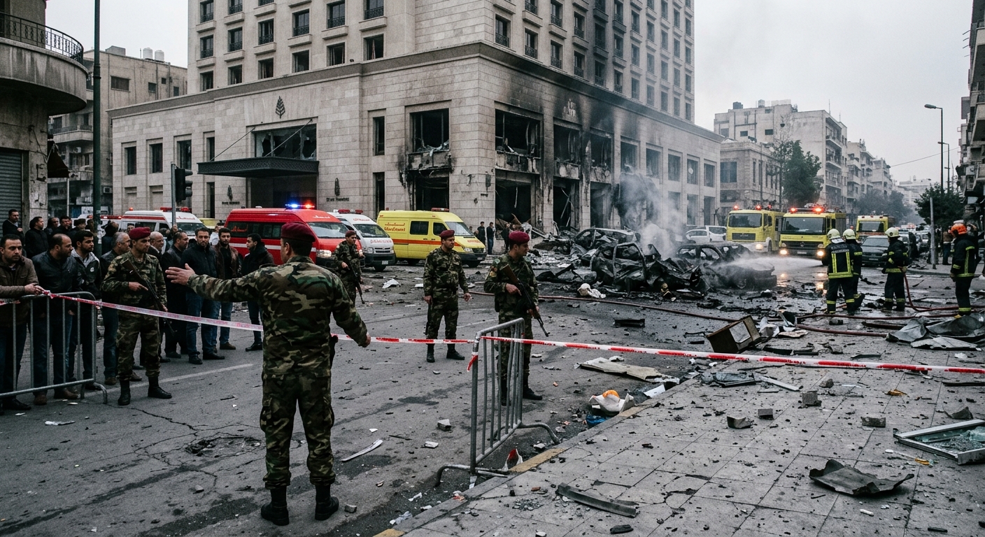 Aftermath of a car bomb explosion on a Damascus street near a luxury hotel, with Syrian security forces cordoning off the site, debris scattered on the pavement, emergency vehicles in the background.