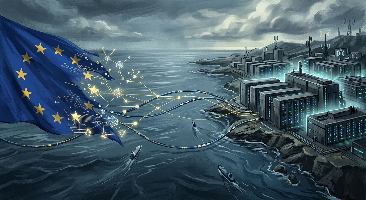 An editorial illustration showing the European Union flag stars morphing into circuit board nodes, with data cables extending across the Atlantic toward glowing server farms.