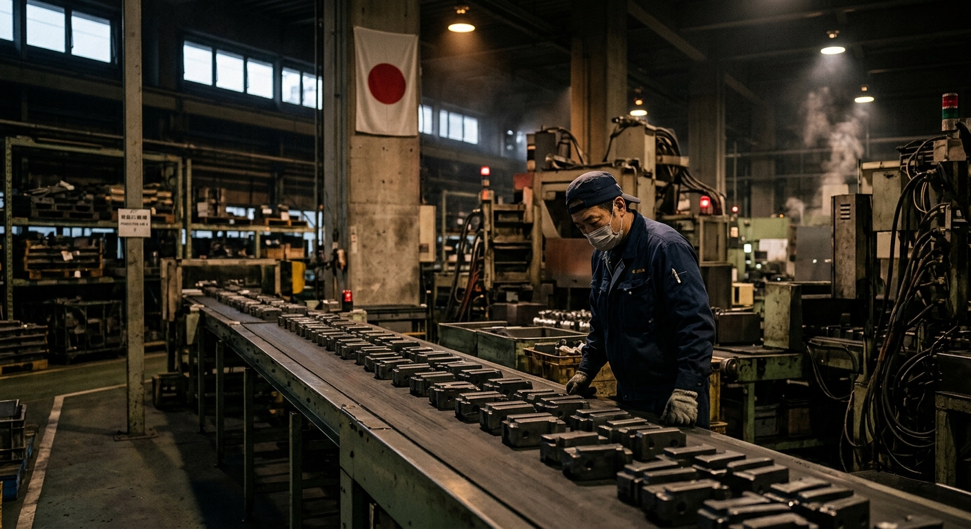 A photojournalistic image of a Japanese factory floor with industrial machinery and rare earth magnets on a conveyor, dim industrial lighting, Japan flag colors, mood conveying supply chain anxiety