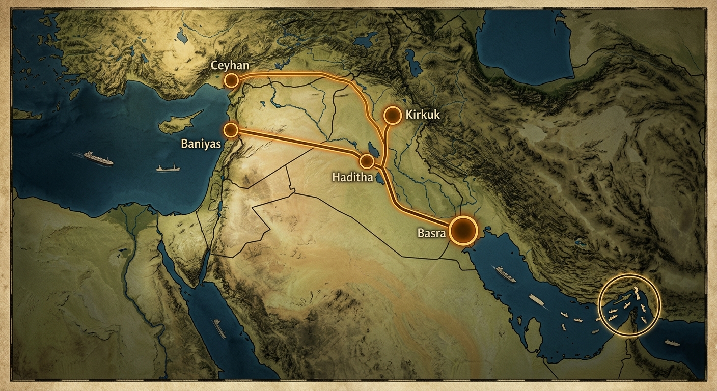 Map of Iraq's proposed pipeline routes to Ceyhan and Baniyas around the Strait of Hormuz