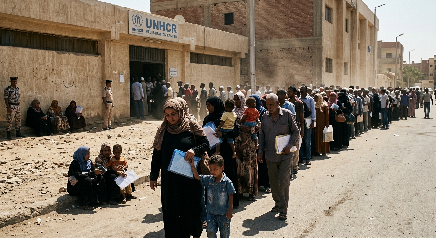 Sudanese refugees queueing outside a UNHCR registration centre in Cairo