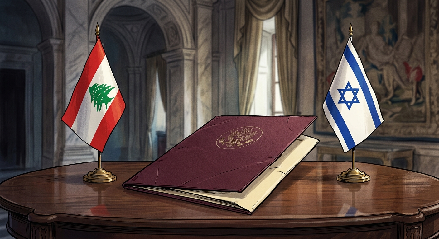 Editorial illustration of Lebanese and Israeli flags flanking a US-sealed diplomatic folder in a Roman palazzo