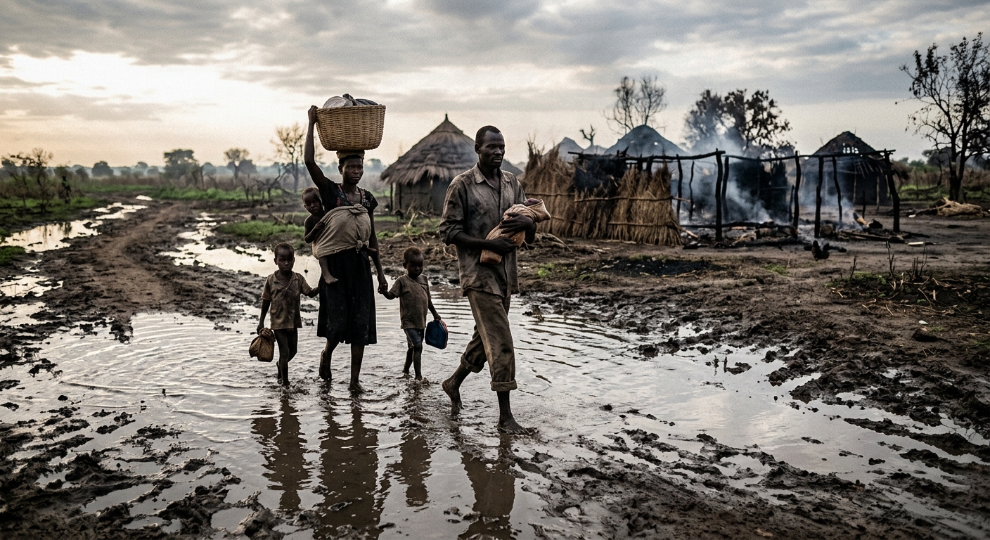 A displaced South Sudanese family walks along a flooded dirt track in Jonglei state with a burned village visible in the background, morning light, documentary style, muted tones