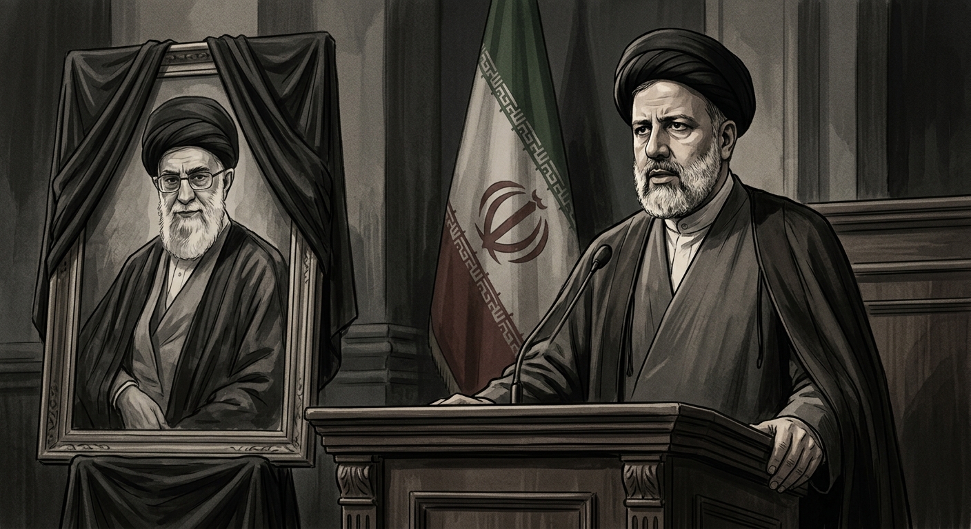 Editorial illustration of an Iranian cleric at a podium beside a portrait of Ali Khamenei draped in black