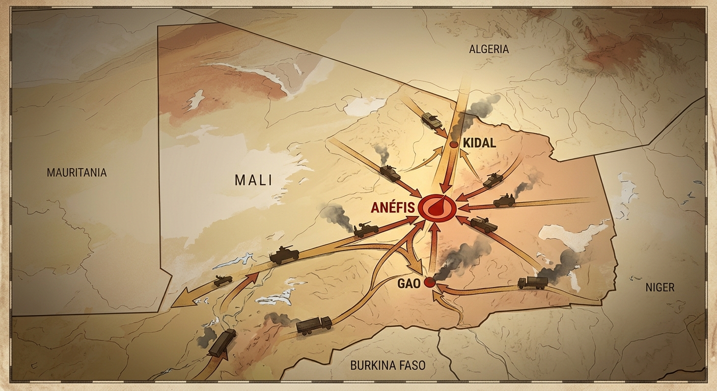 Northern Mali corridor map showing Anéfis as chokepoint on the Kidal-Gao axis