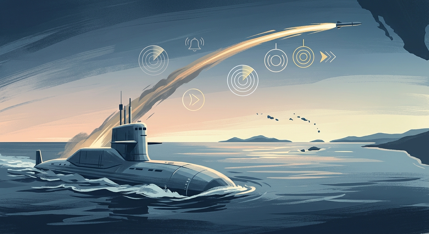 Illustration of a Chinese submarine launching a ballistic missile with radar warnings across the Pacific