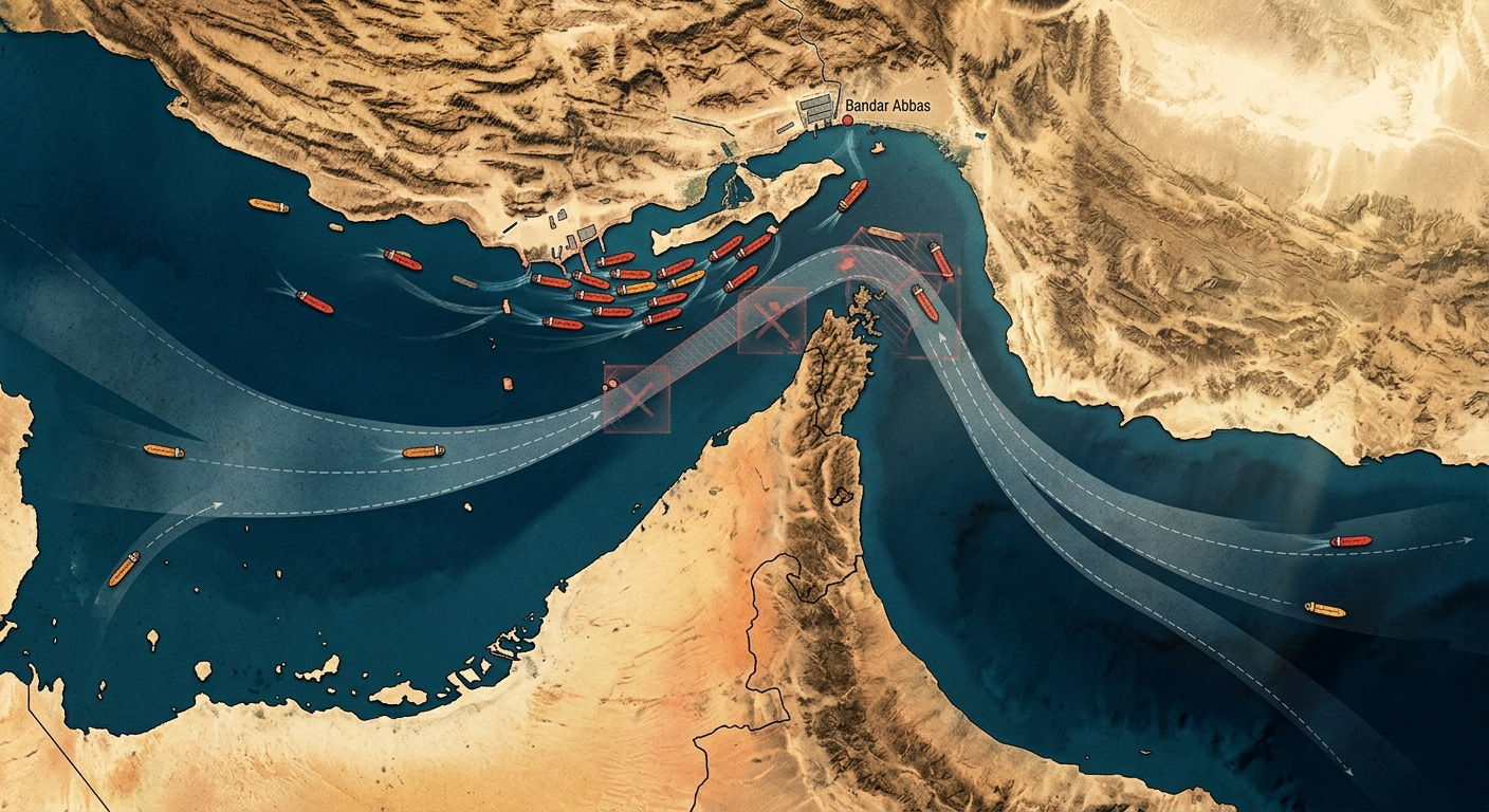 Satellite-style illustration of the Strait of Hormuz showing tankers queued near Bandar Abbas and the Omani southern corridor