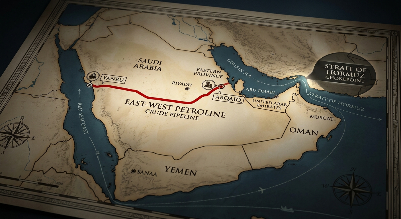 East-West Petroline route from Abqaiq to Yanbu, bypassing the Strait of Hormuz