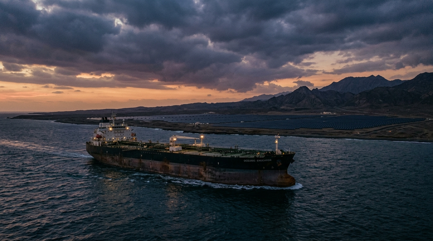 Oil tanker in the Strait of Hormuz at dusk with distant solar farm on coast