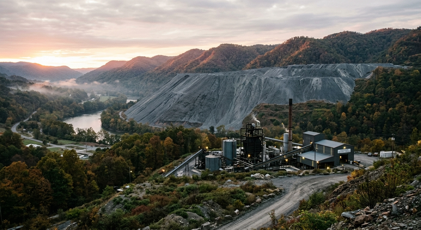 A grey coal tailings pile in an Appalachian valley in West Virginia at dawn, backdropped by forested ridges; a small industrial processing plant with steel tanks and stacks visible in the middle distance, hinting at rare-earth recovery from mining waste. Muted, documentary color palette.