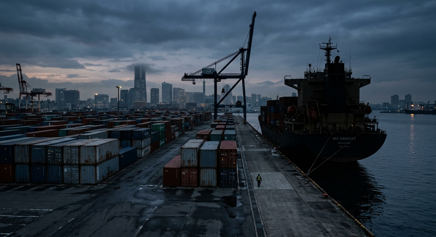 A shipping port in Yokohama, Japan at dusk with rows of shipping containers, a lone crane, and one darkened cargo vessel