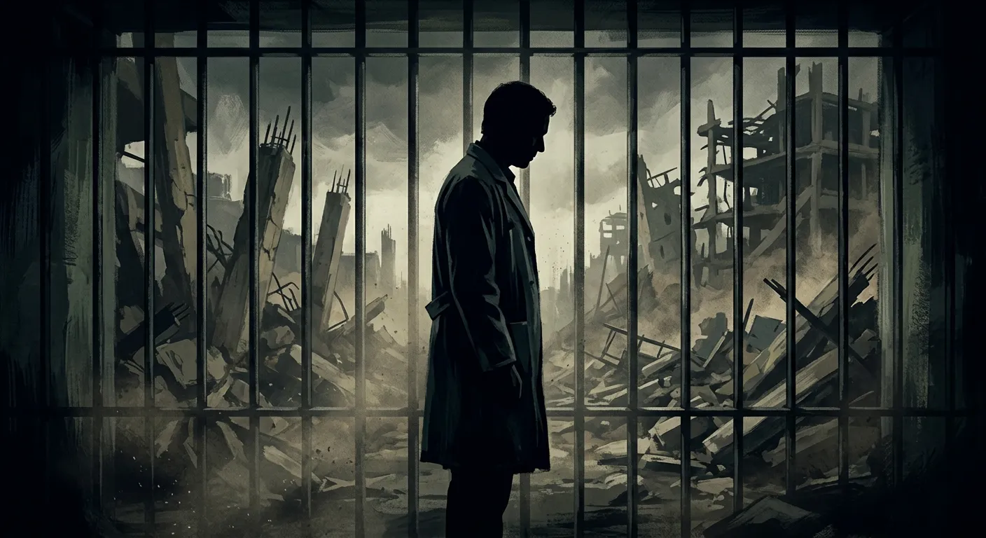 Editorial illustration of a paediatrician silhouette behind prison bars with Gaza hospital rubble in the background