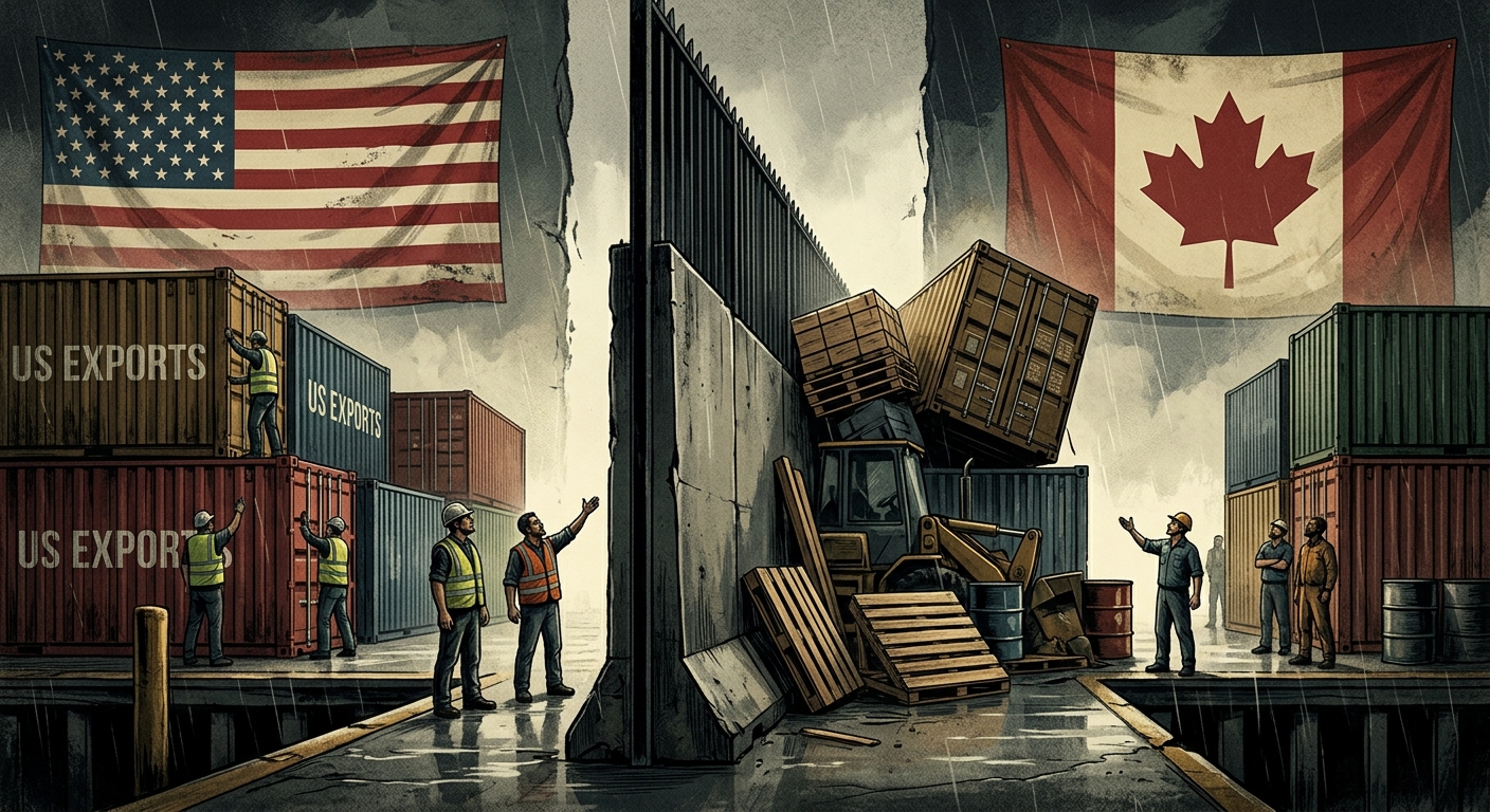 Editorial illustration of trade tension between United States and Canada, featuring their flags separated by a symbolic tariff barrier, shipping containers and trade goods caught in the middle, muted diplomatic color palette