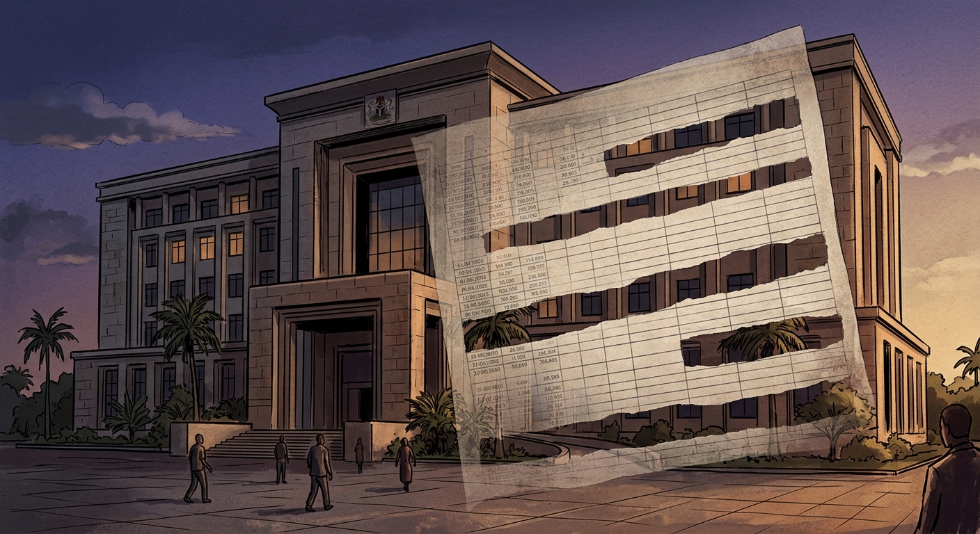 Editorial illustration: the Nigerian Federal Ministry of Finance building in Abuja at dusk, with a translucent overlay of a spreadsheet showing missing rows, symbolising off-budget spending gaps.
