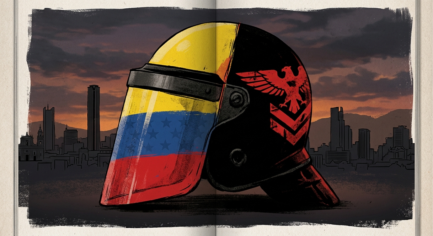 Editorial illustration of a Colombian police helmet split between the national flag and paramilitary insignia, with Bogotá and Medellín skylines behind.