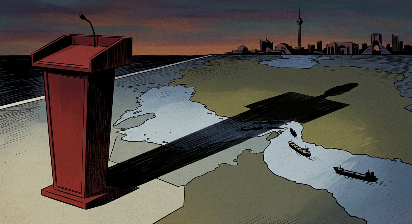 Editorial illustration: a red presidential podium in the foreground casting a long shadow over a map of the Strait of Hormuz and Iranian oil tanker silhouettes, with the Tehran skyline at dusk in the distance.
