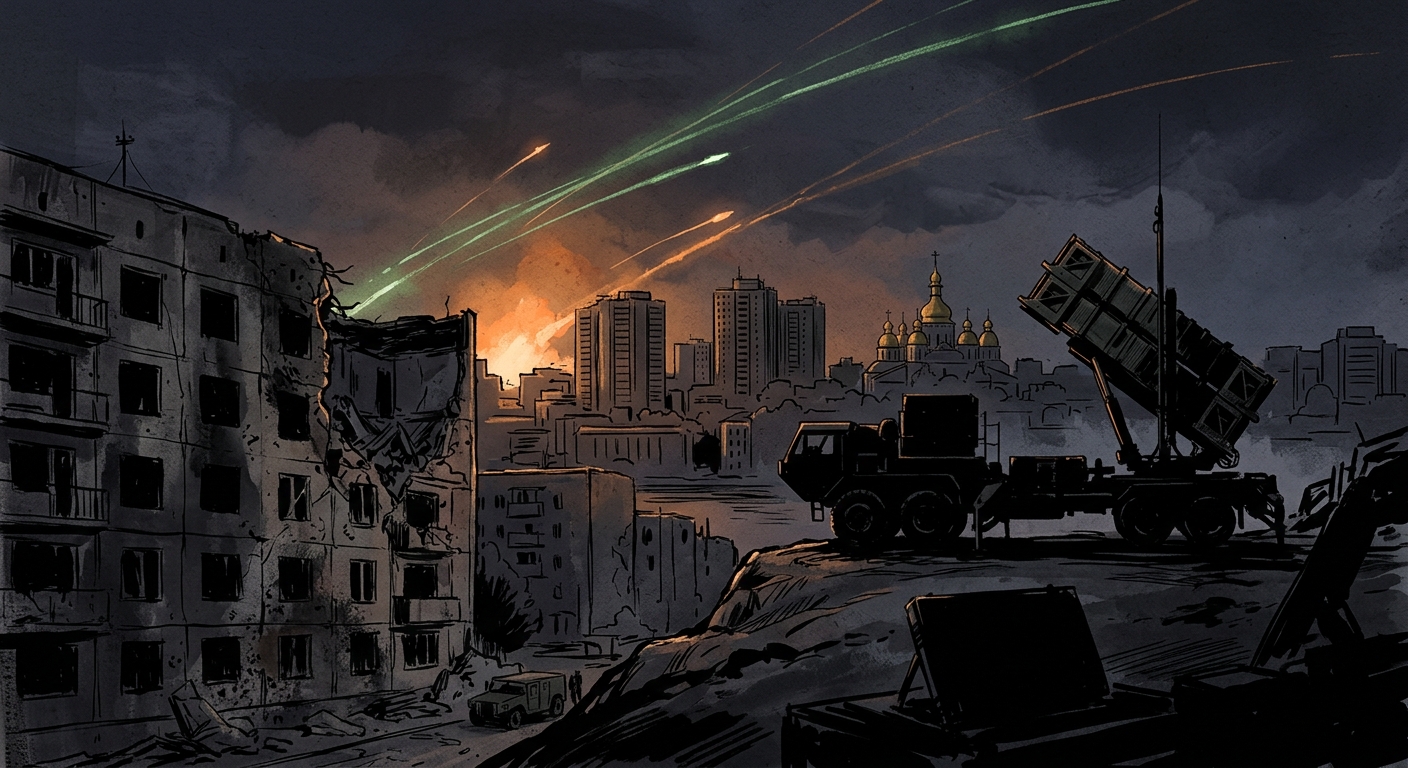 Editorial illustration of a Patriot PAC-3 launcher silhouette against a dark Kyiv skyline at night