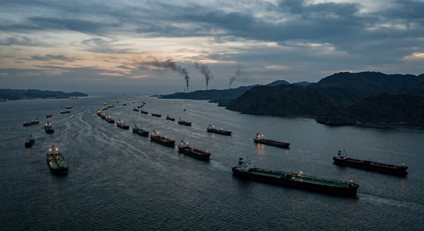 Aerial view of oil tankers queuing near the Strait of Hormuz at dusk