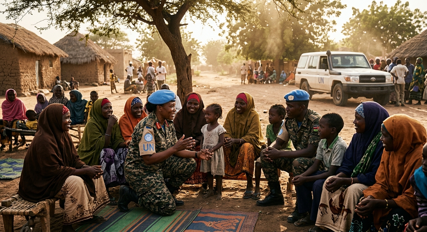 UN police officers in blue berets speaking with local women and children at a community meeting