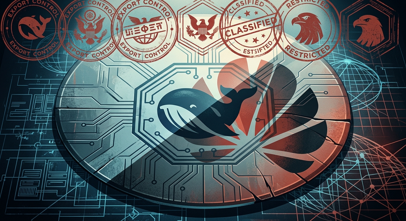 Editorial illustration of a silicon wafer stamped with the DeepSeek logo, half-shadowed by Huawei branding, with US export-control stamps overlaid