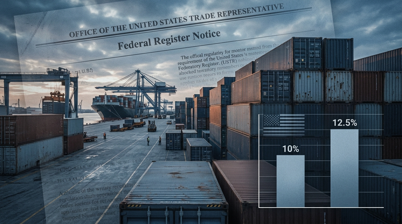 Cargo containers stacked at a US port with an overlay of USTR notice and tariff bar chart