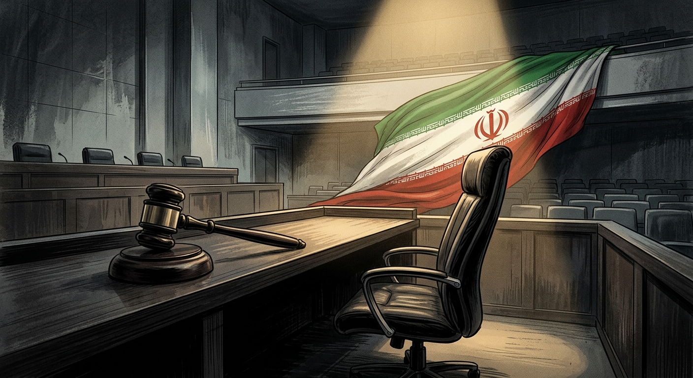 Editorial illustration: an empty ICC courtroom bench with an Iranian flag behind