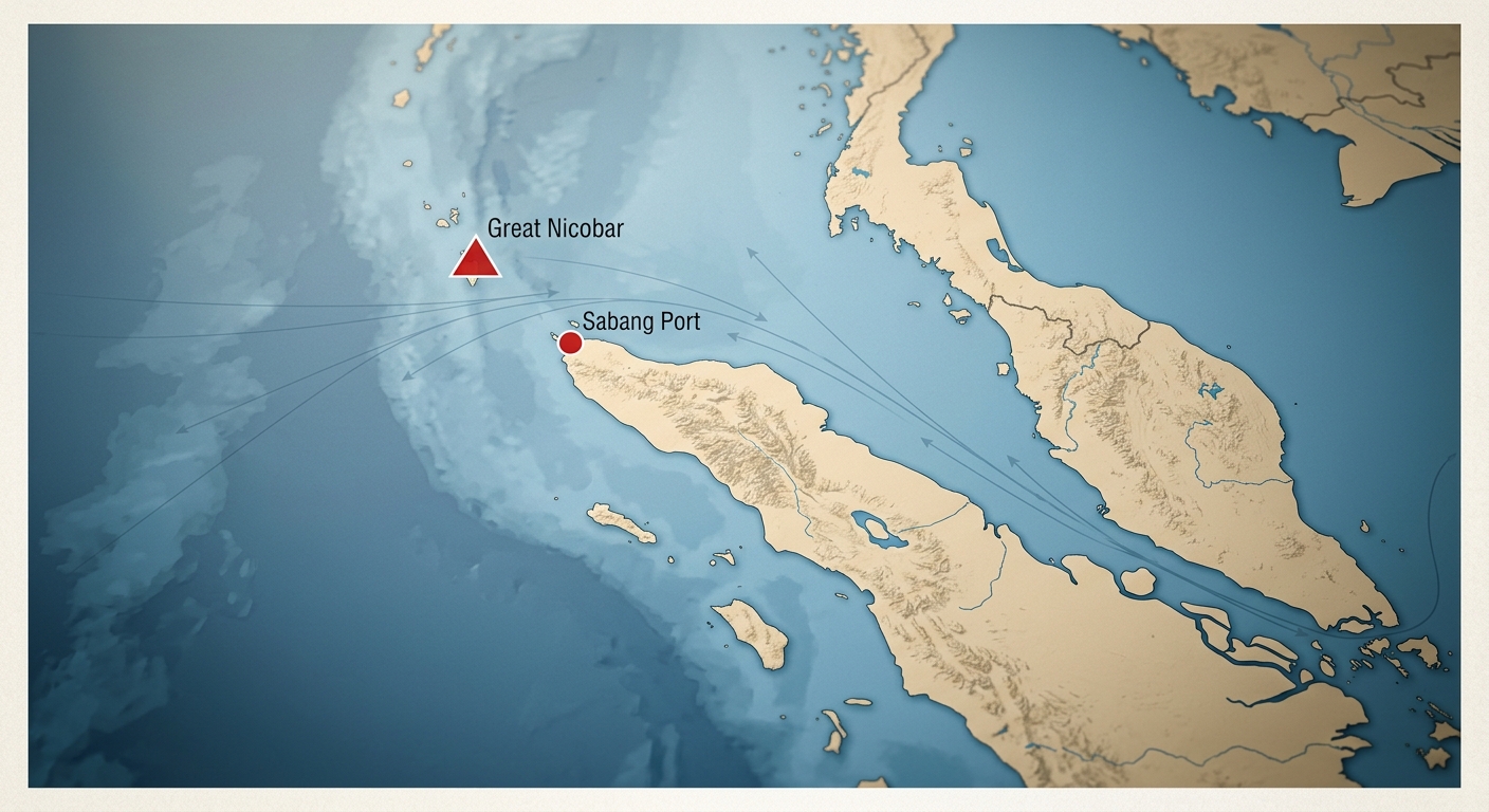 Malacca chokepoint bracketed by Sabang and Great Nicobar