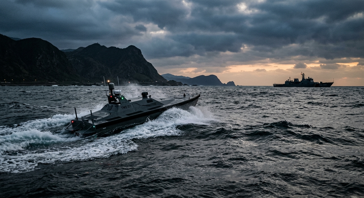 An uncrewed surface vessel cuts through waters near Taiwan's coast at dawn, with a Chinese coast guard vessel in the background.