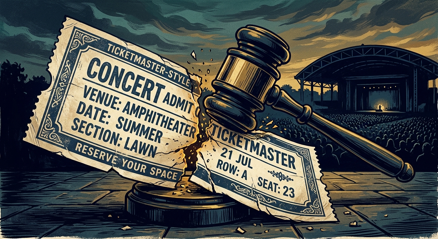Editorial illustration: a giant Ticketmaster-style ticket stub being cut in half by a gavel, with a concert amphitheater silhouette in the background.