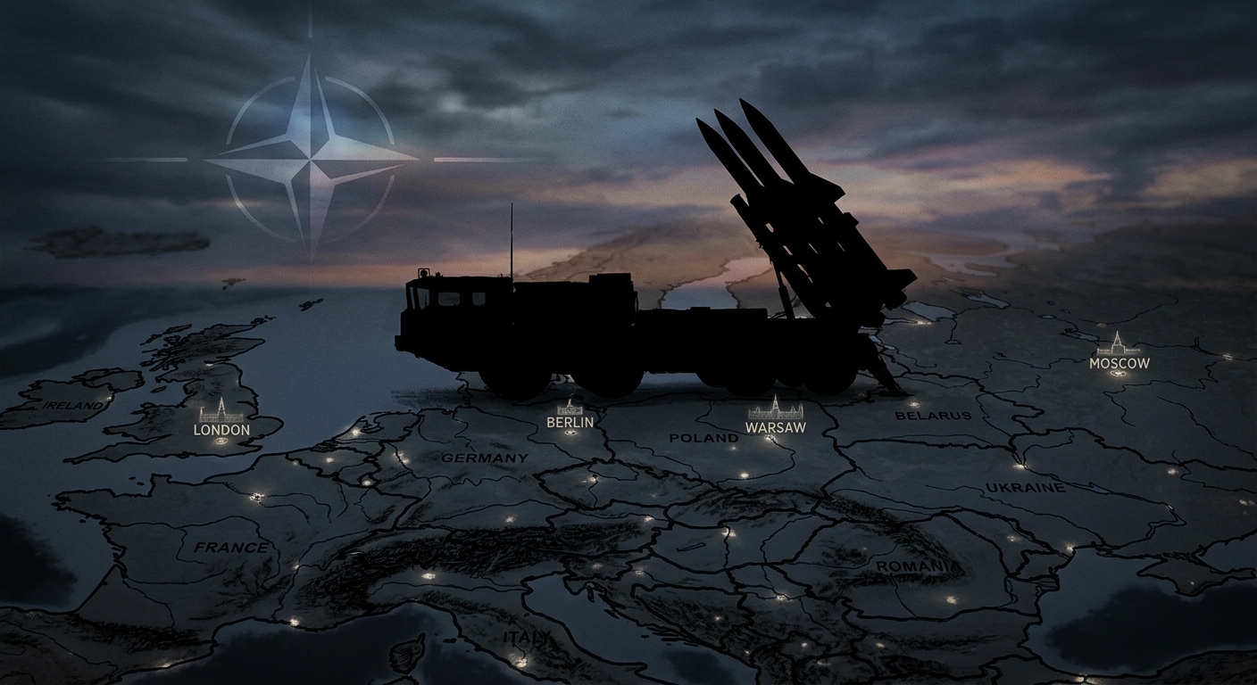 Editorial illustration: silhouettes of a long-range cruise missile launcher on a European map at dusk, with faint outlines of Berlin, Warsaw, London and Moscow.