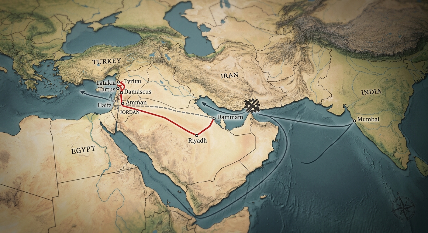 IMEC corridor map showing original Haifa route and proposed Syria alternative through Tartus and Latakia