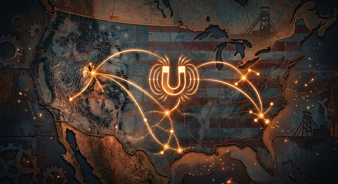 Editorial illustration: a stylized U.S. map with glowing nodes at Utah, Texas, Oklahoma, South Carolina, and Ohio connected by lines representing a rare earth supply chain, with a magnet symbol at the center.