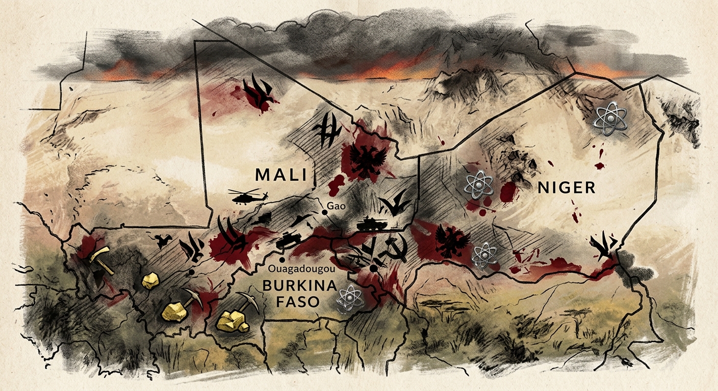 Editorial illustration of the Central Sahel with conflict markers, uranium and gold icons