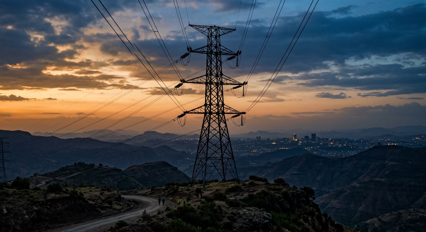 A backlit high-voltage transmission tower silhouetted against dusk over the Ethiopian highlands, with Addis Ababa's skyline faintly visible in the background.