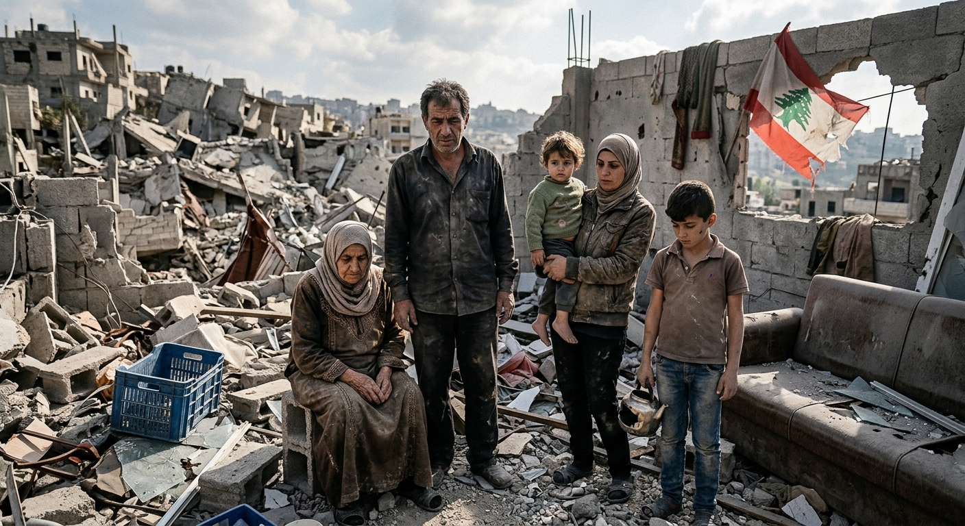 A Lebanese family stands amid the rubble of a destroyed home in Nabatieh, southern Lebanon