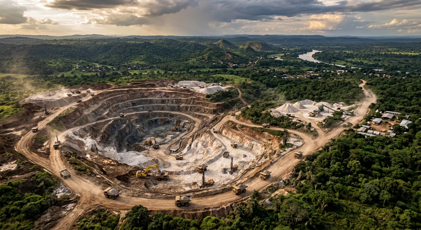 An aerial view of mining operations at the Manono lithium project in the Democratic Republic of Congo, showing open-pit hard-rock spodumene mining with heavy machinery, trucks on a dirt road, and the surrounding tropical landscape of Tanganyika province. Photojournalistic style.