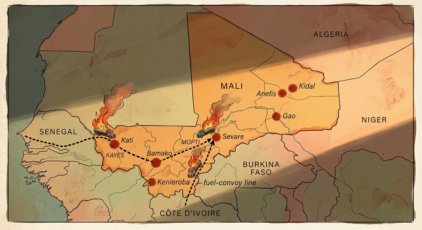 Schematic map of Mali showing July 2026 flashpoints and severed fuel corridors