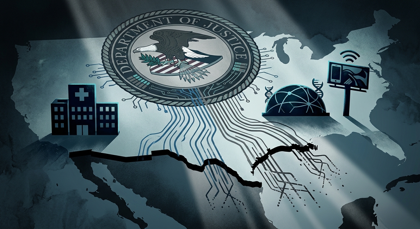 DOJ seal with data flow lines severed at the US border above silhouettes of a hospital, a genomics lab, and an ad-tech smartphone.