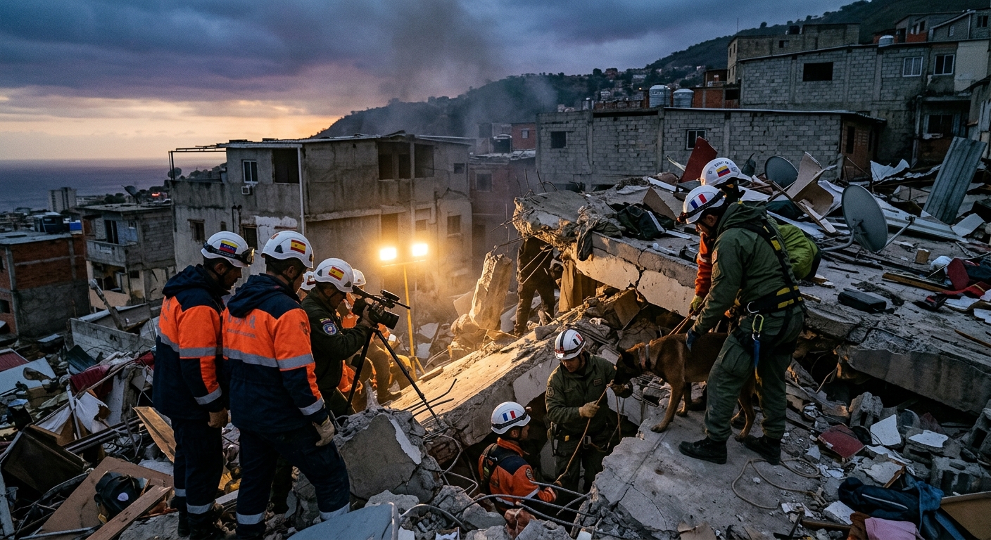 Rescue workers and international search-and-rescue teams working amid collapsed concrete buildings in La Guaira, Venezuela at dusk.