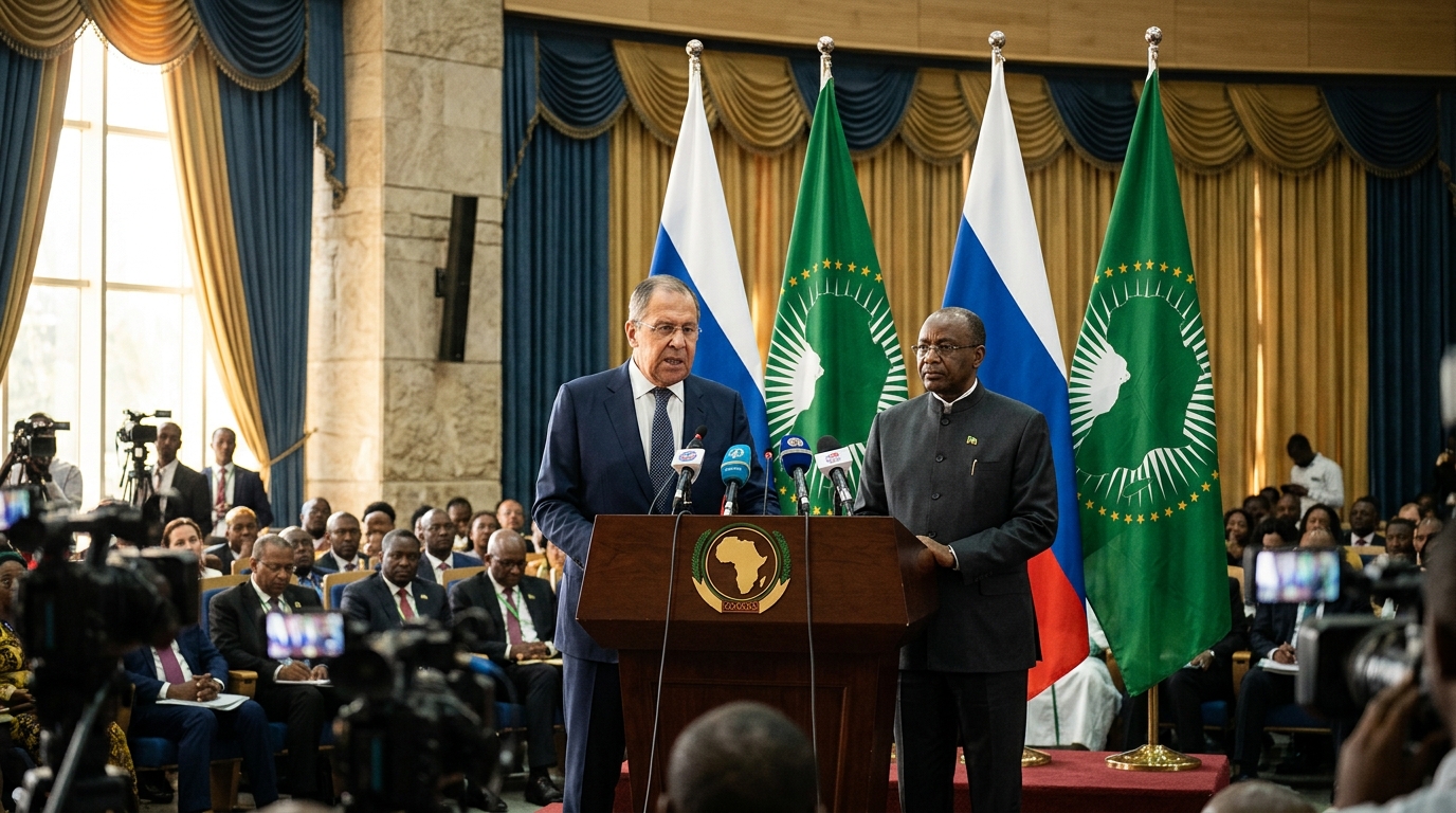 Lavrov and Youssouf at the African Union headquarters in Addis Ababa