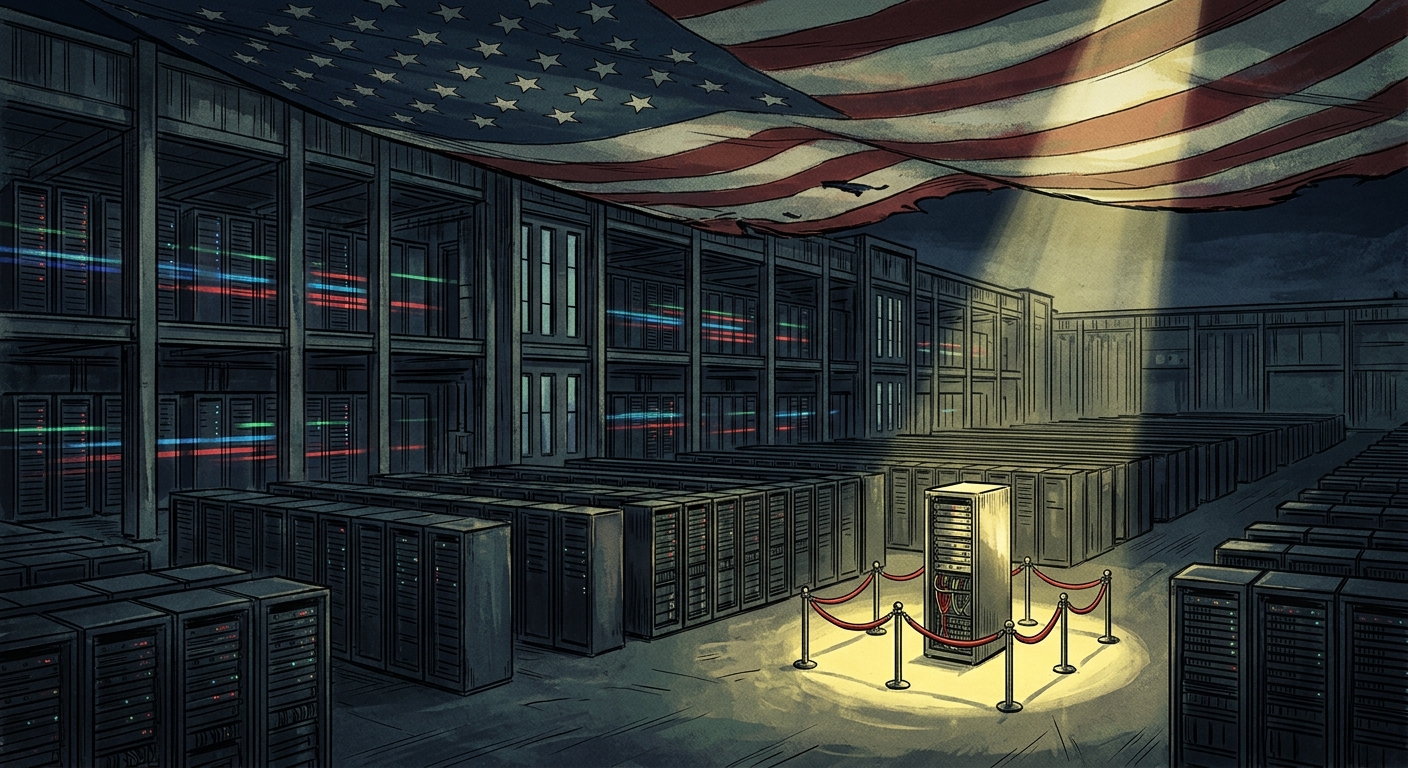 Editorial illustration: a giant American flag draped over a data center full of GPU servers, with a single server rack roped off and highlighted by a spotlight, symbolizing selective enforcement on one AI company amid broad deregulation.