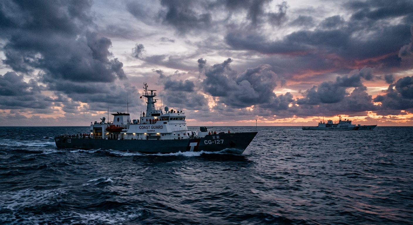 A Taiwan coast guard cutter sailing at dawn in the East China Sea, with a China Coast Guard vessel visible in the distance.