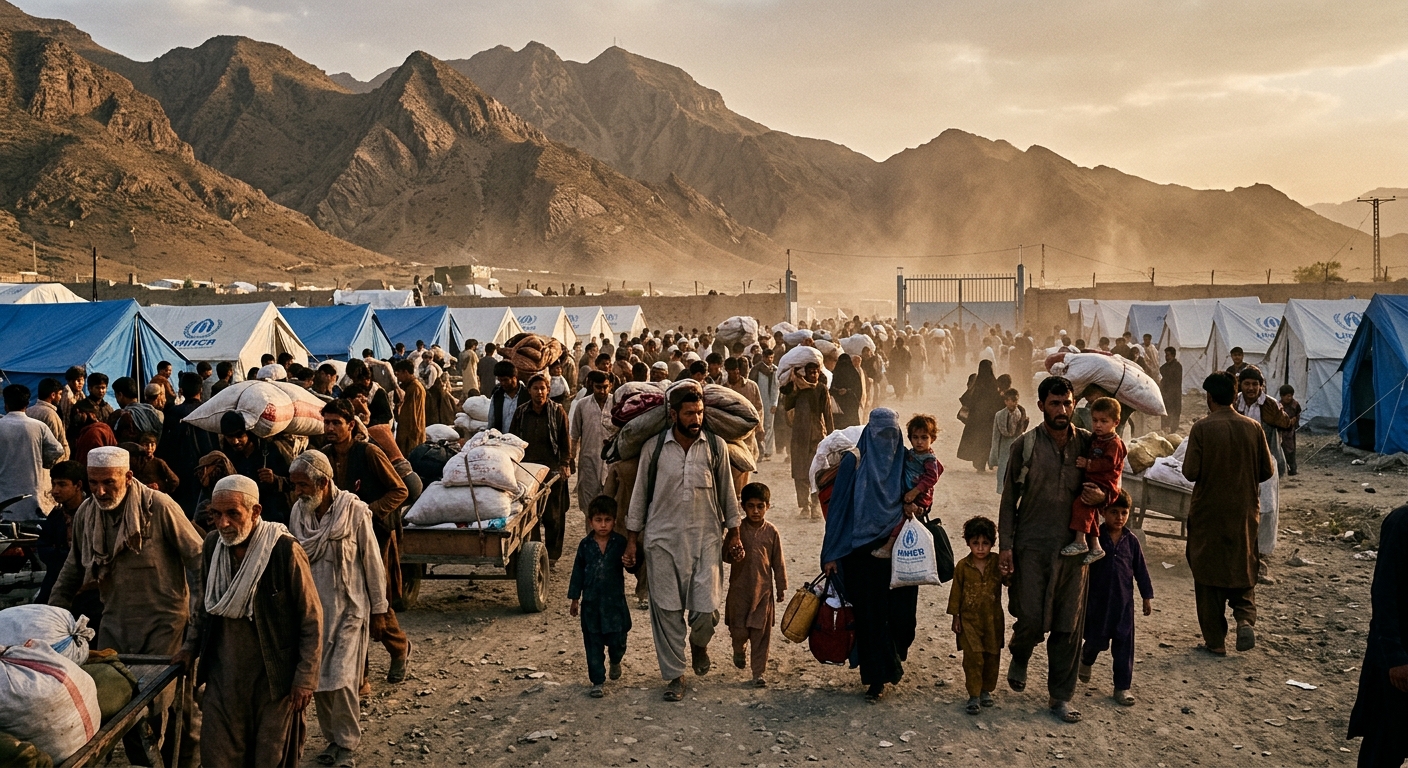 Afghan families at a border crossing
